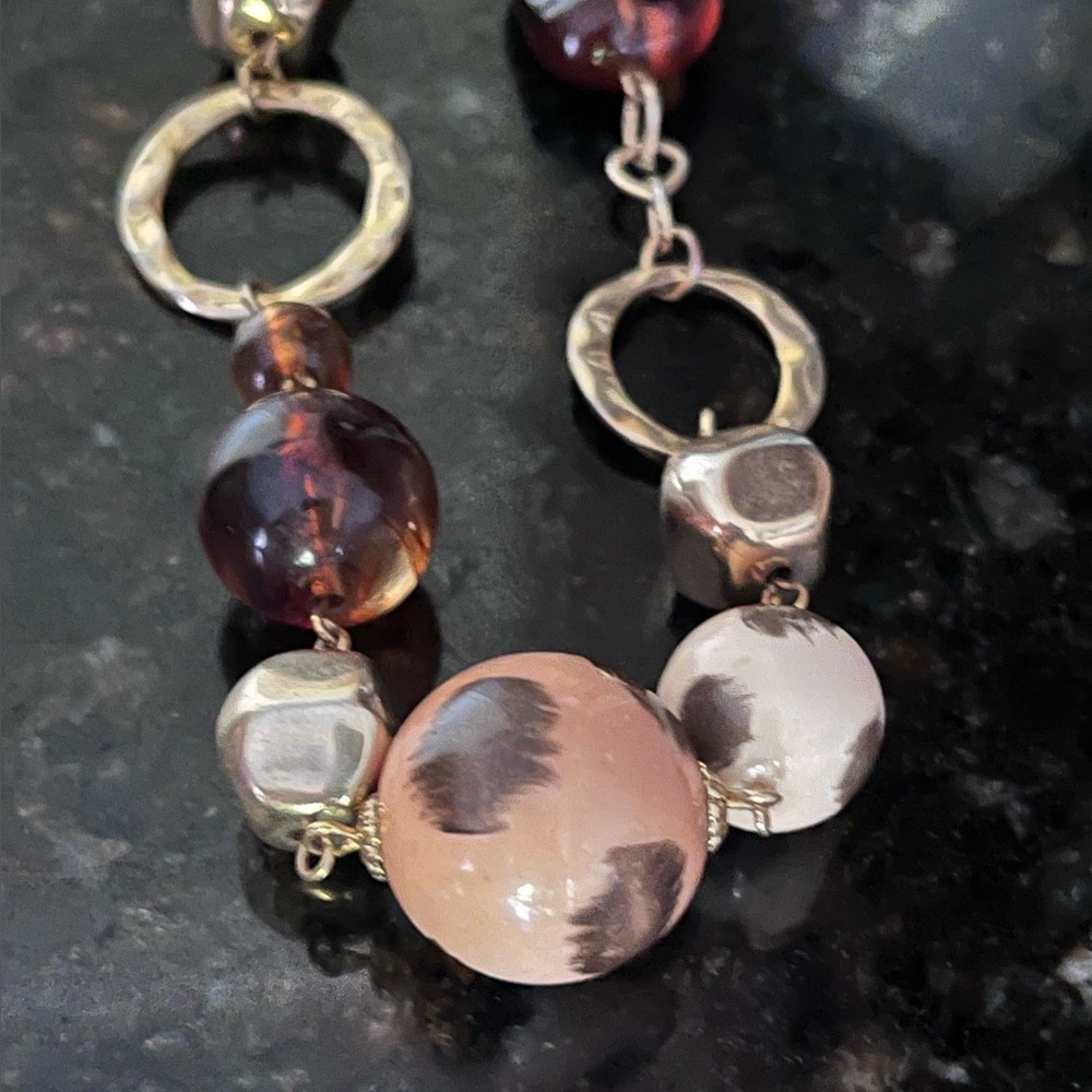 Gold Tone Chain Link Amber And Animal Print Acrylic Bead 20" Statement Necklace